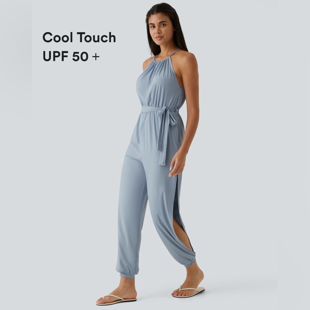 Sleeveless Plicated Belted Side Pocket Cut Out Cool Touch Jumpsuit-UPF50+